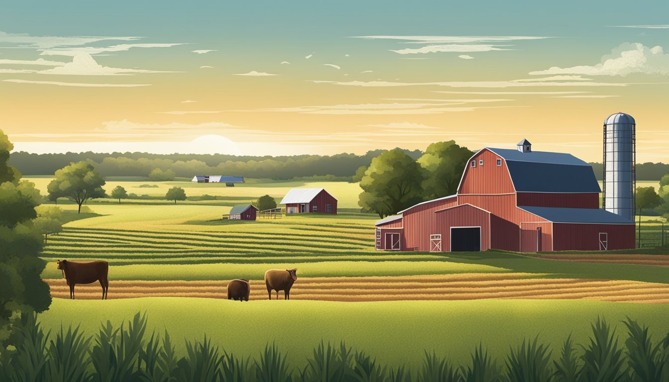 A rural landscape with a farm, crops, and livestock, set against the backdrop of Montgomery County, Texas