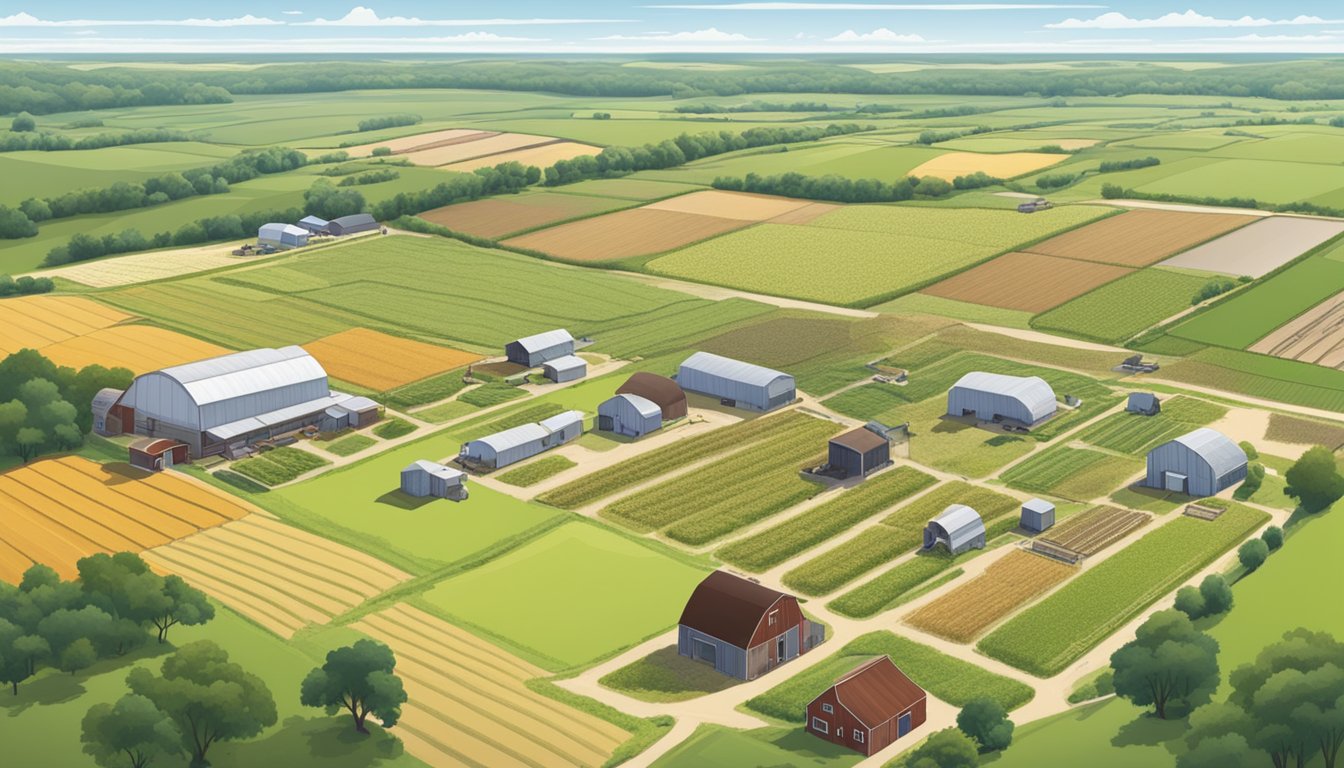 A sprawling farm in Montgomery County, Texas, with fields of crops, grazing livestock, and agricultural equipment