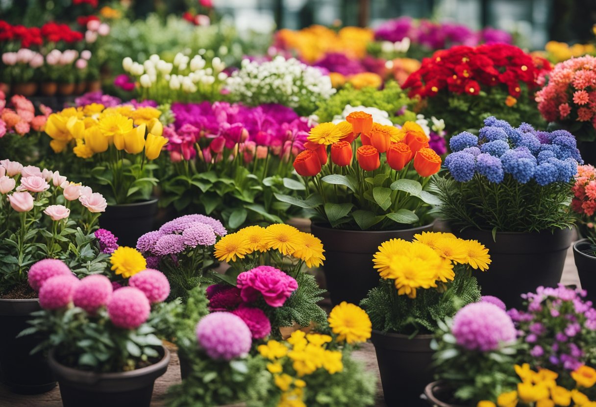 A colorful array of potted flowers arranged in various sizes and shapes, creating a vibrant and lively display