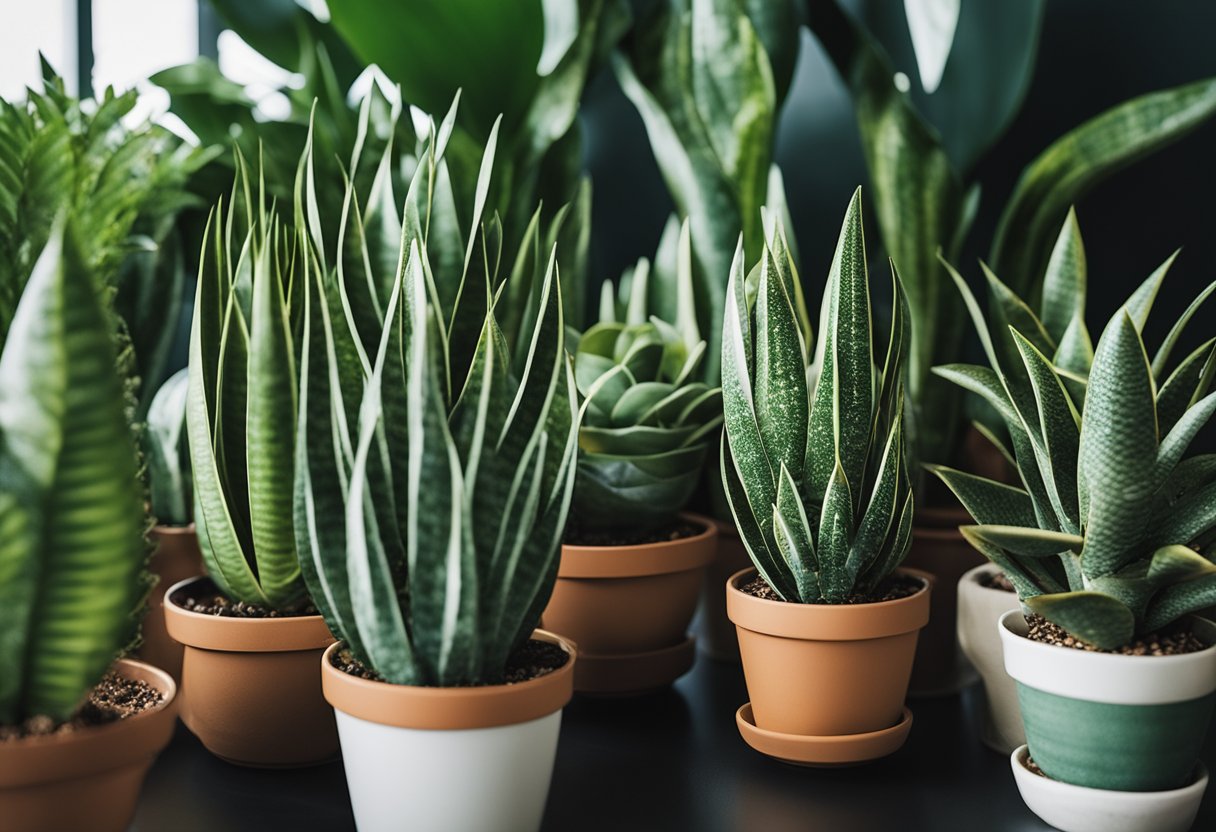 A collection of 16 potted snake plants arranged in various creative and decorative ways, showcasing different ideas for indoor plant displays