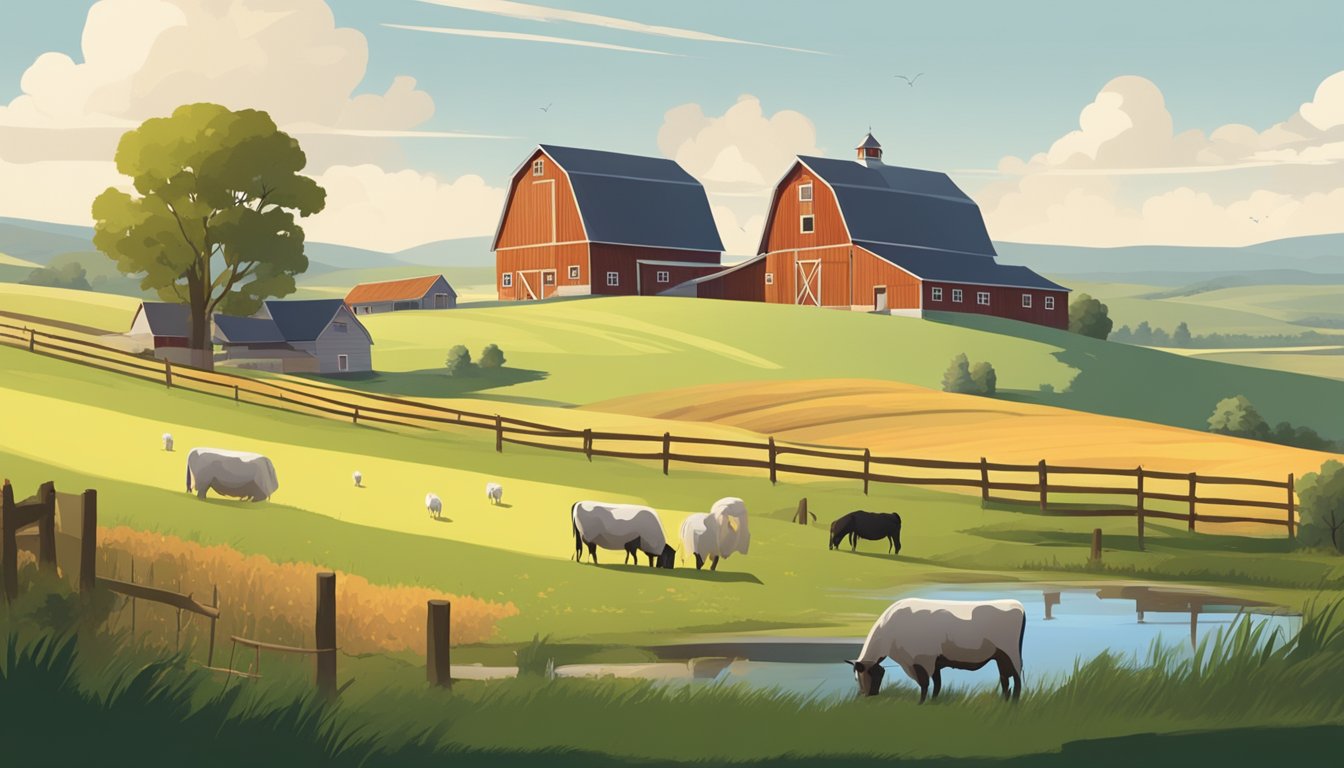 A rural landscape with a farmhouse, barn, and grazing livestock, surrounded by fields and a clear sky