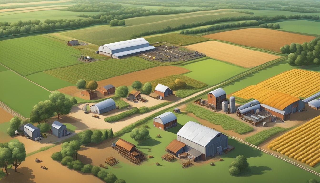 A sprawling farm in Oldham County, Texas, with fields of crops, grazing livestock, and farm equipment scattered across the landscape