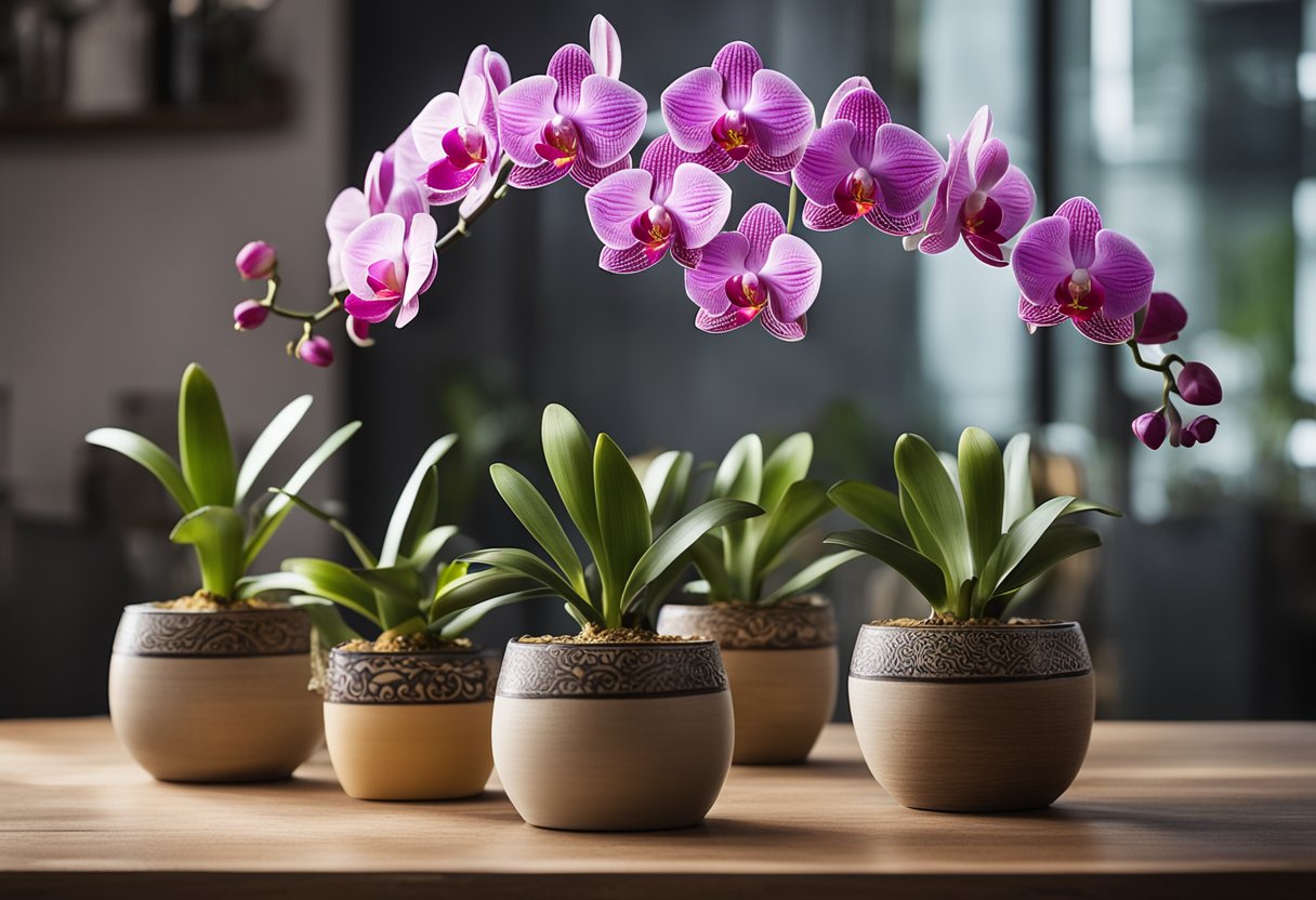 Sixteen potted orchid flowers arranged on a wooden table with various decorative ideas around them, such as vases, ribbons, and other accessories