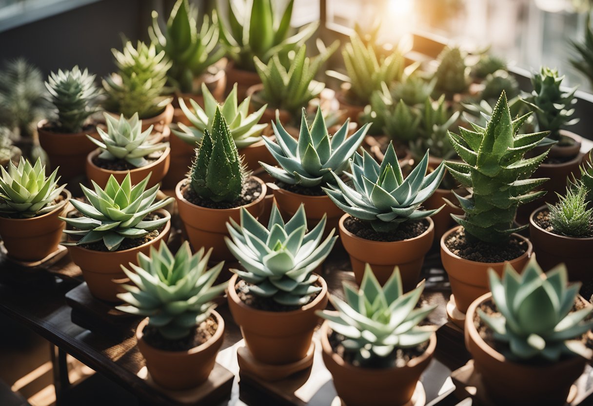 Sixteen potted Aloe Vera plants arranged in a sunlit room with various decorative ideas around them