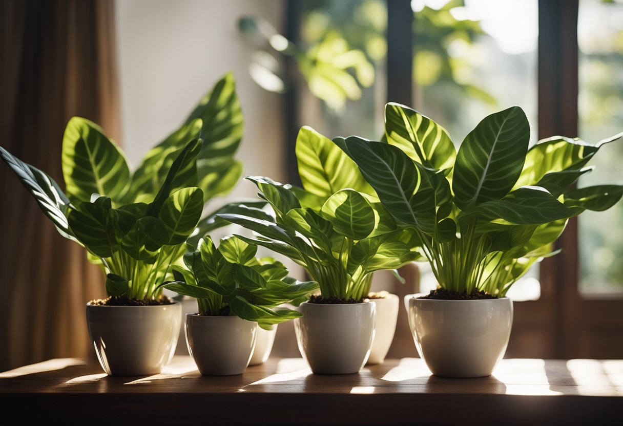 Sixteen potted Calathea flowers arranged in a variety of decorative pots on a wooden table with dappled sunlight streaming through a nearby window