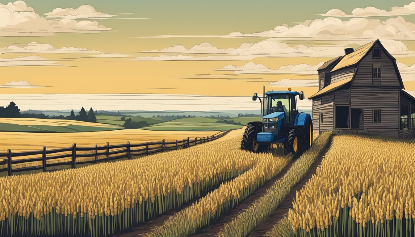 Rolling fields of wheat and corn stretch to the horizon, bordered by wooden fences and a rustic farmhouse. A tractor sits idle in the distance