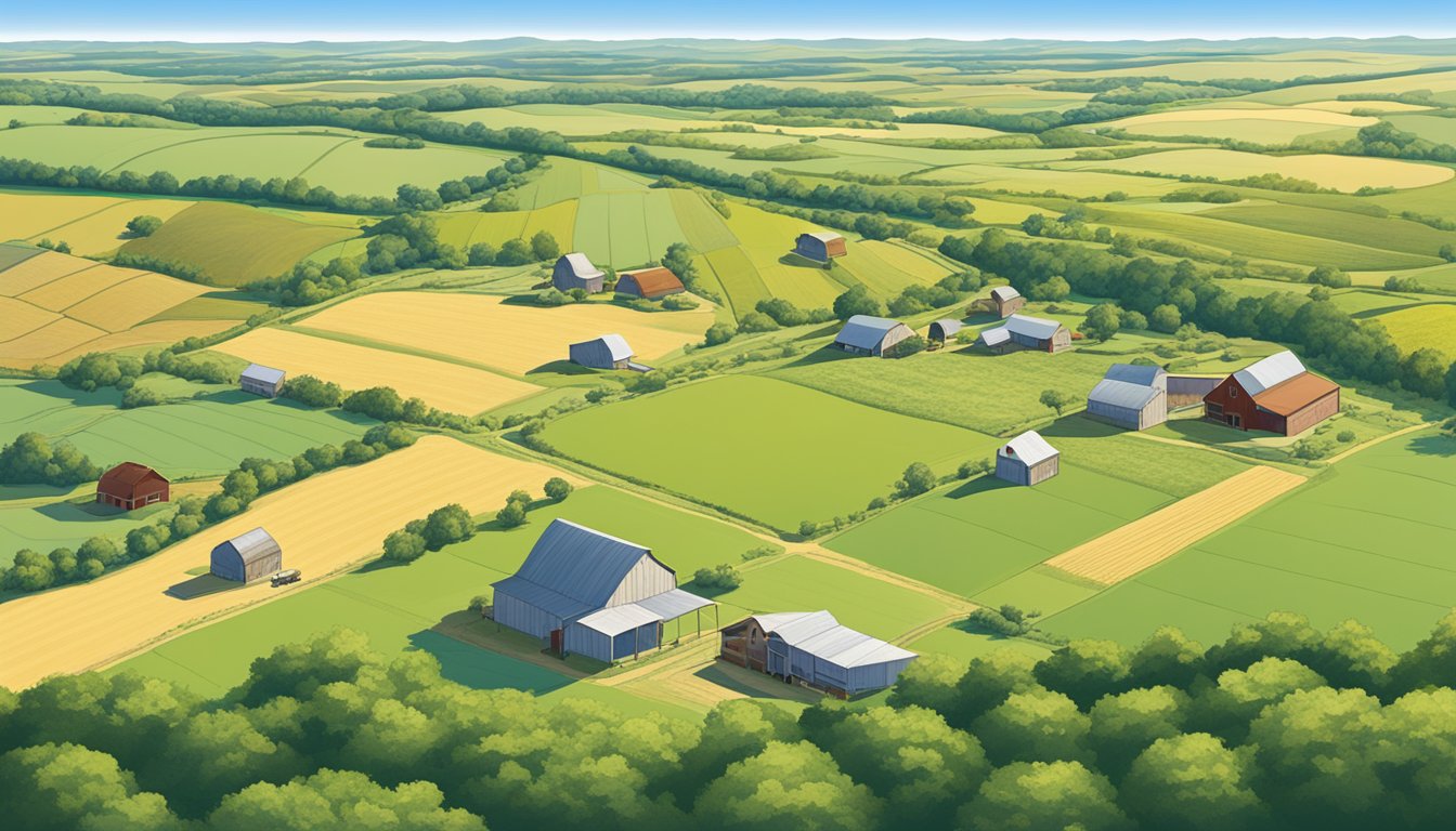 A sprawling farm in Montague County, Texas, with fields of crops and grazing livestock, surrounded by rolling hills and a clear blue sky