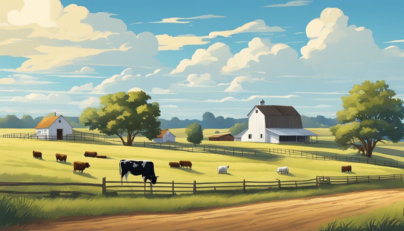 A rural Texas landscape with farmland, cattle, and a farmhouse, under a clear blue sky