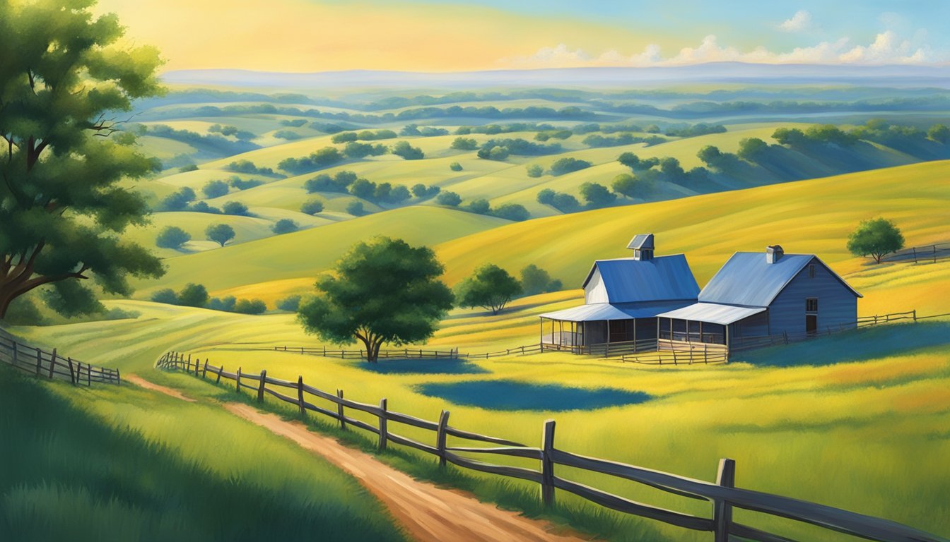 Rolling hills of Oldham County, Texas under a bright blue sky. A ranch with cattle grazing in the fields, bordered by fences and a distant farmhouse