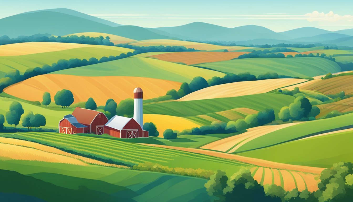 A rural landscape with a large farm, rolling hills, and fields of crops under a clear blue sky