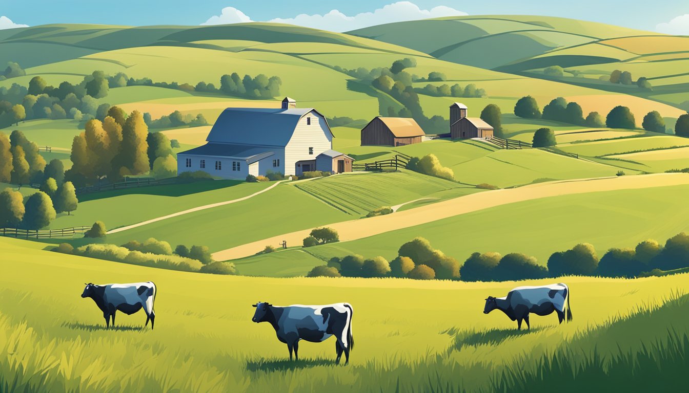 A rural landscape with a farmhouse, barn, and grazing livestock surrounded by fields and rolling hills under a clear blue sky