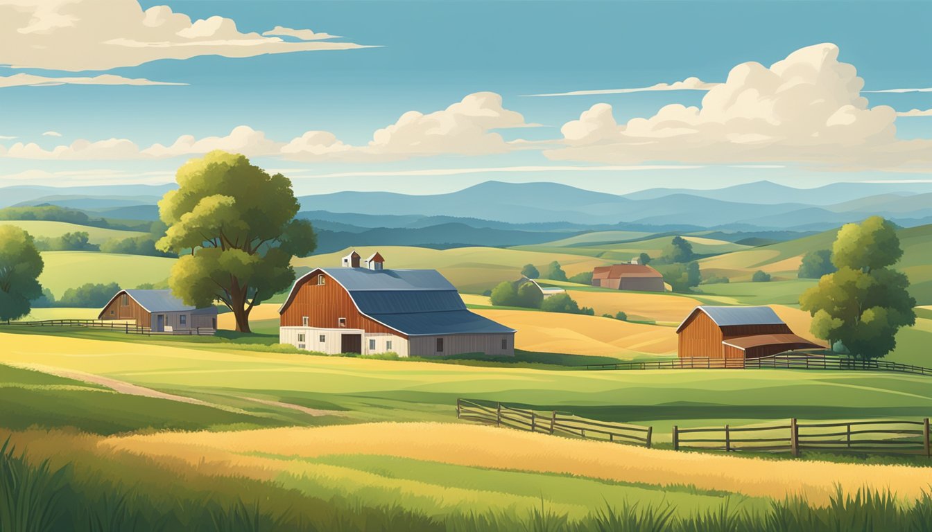 A rural landscape with a farmhouse, barn, and open fields, surrounded by rolling hills and a clear blue sky