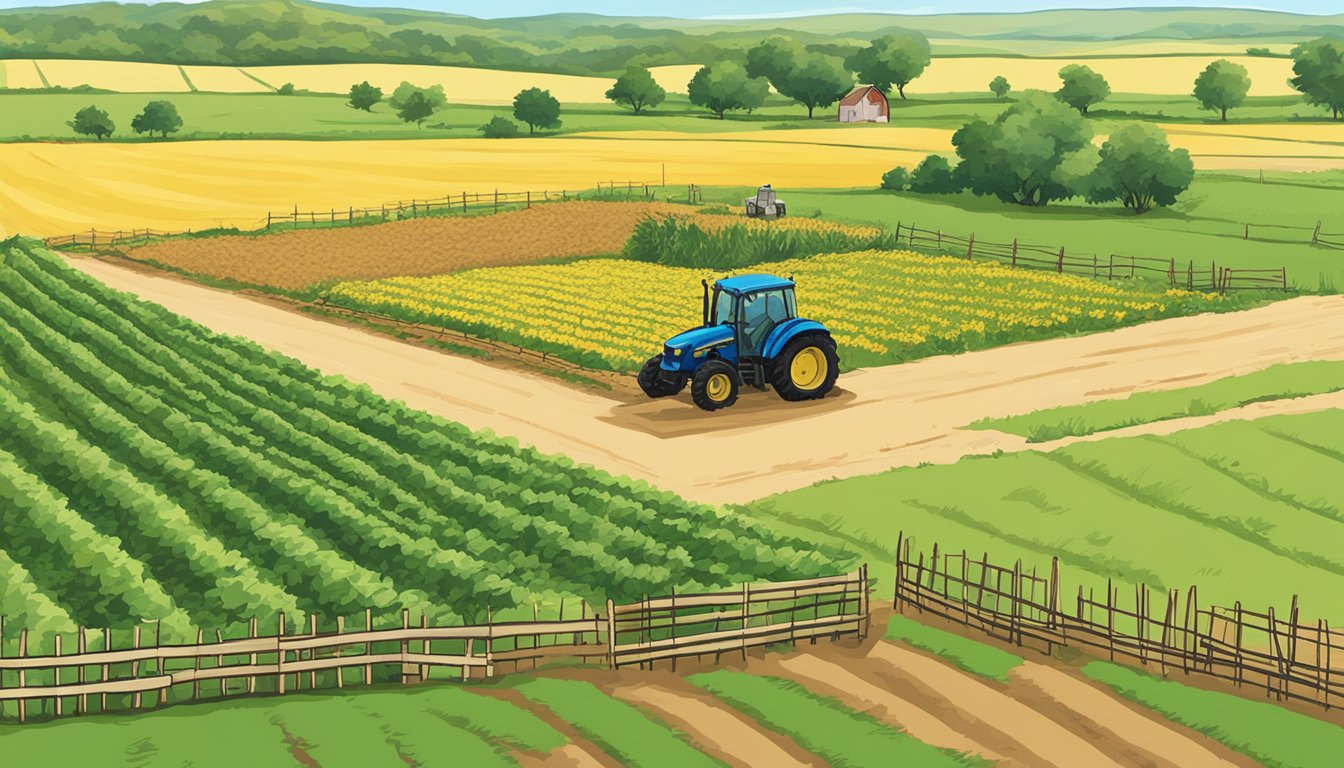 A sunny field with a tractor and crops, surrounded by a fence and a sign indicating "Agricultural Exemption - Nolan County, Texas."