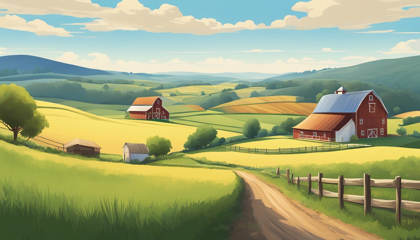 A rural landscape with a farmhouse, barn, and fields, surrounded by rolling hills and a clear blue sky