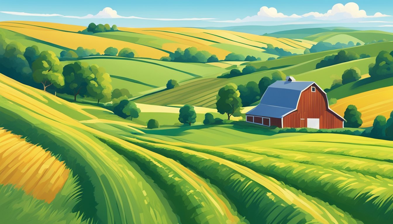 Rolling hills of green and gold fields under a bright blue sky, with a farmhouse and barn in the distance