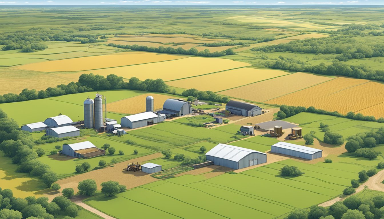 A sprawling farm in Milam County, Texas, with fields of crops, grazing livestock, and agricultural equipment under a clear sky