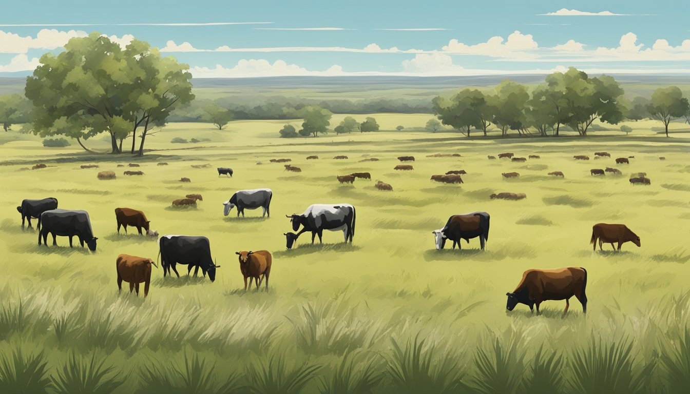 A wide open field in Nolan County, Texas, with grazing livestock and native wildlife coexisting peacefully under the management of agricultural practices