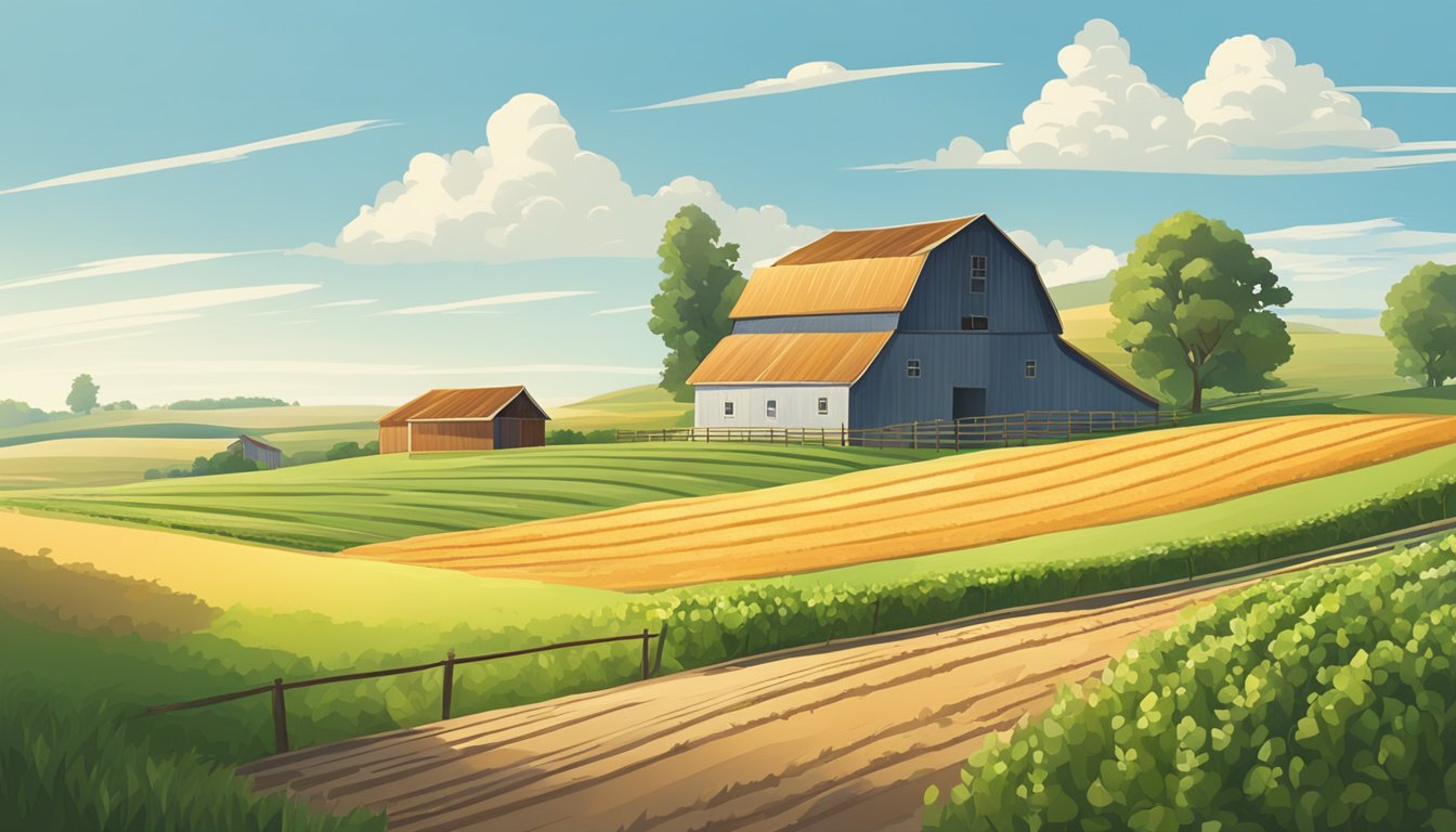 A rural landscape with a farmhouse, barn, and fields of crops under a clear blue sky