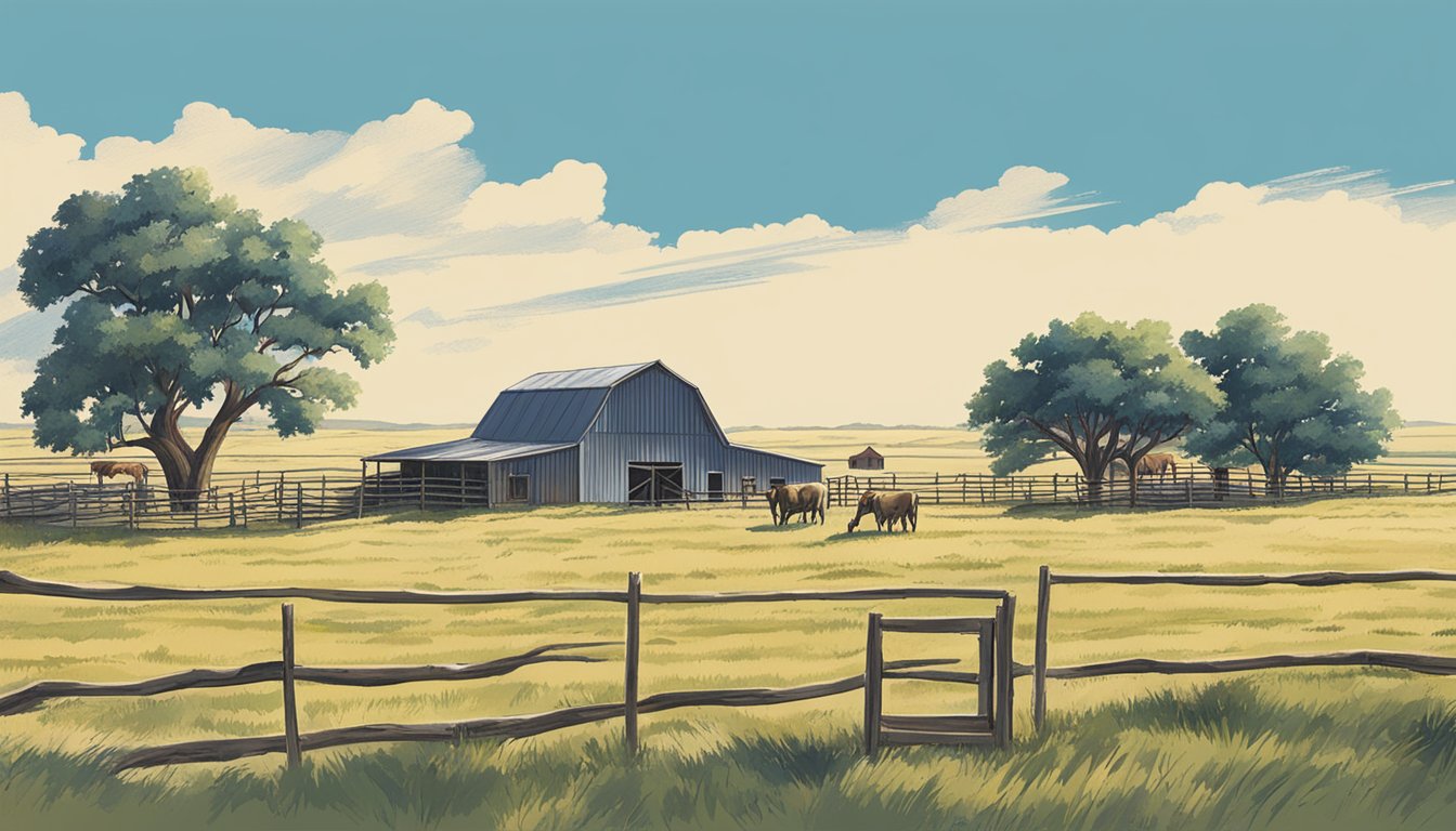 A sprawling ranch in Nolan County, Texas, with wide open fields, grazing cattle, and a rustic barn under a bright blue sky