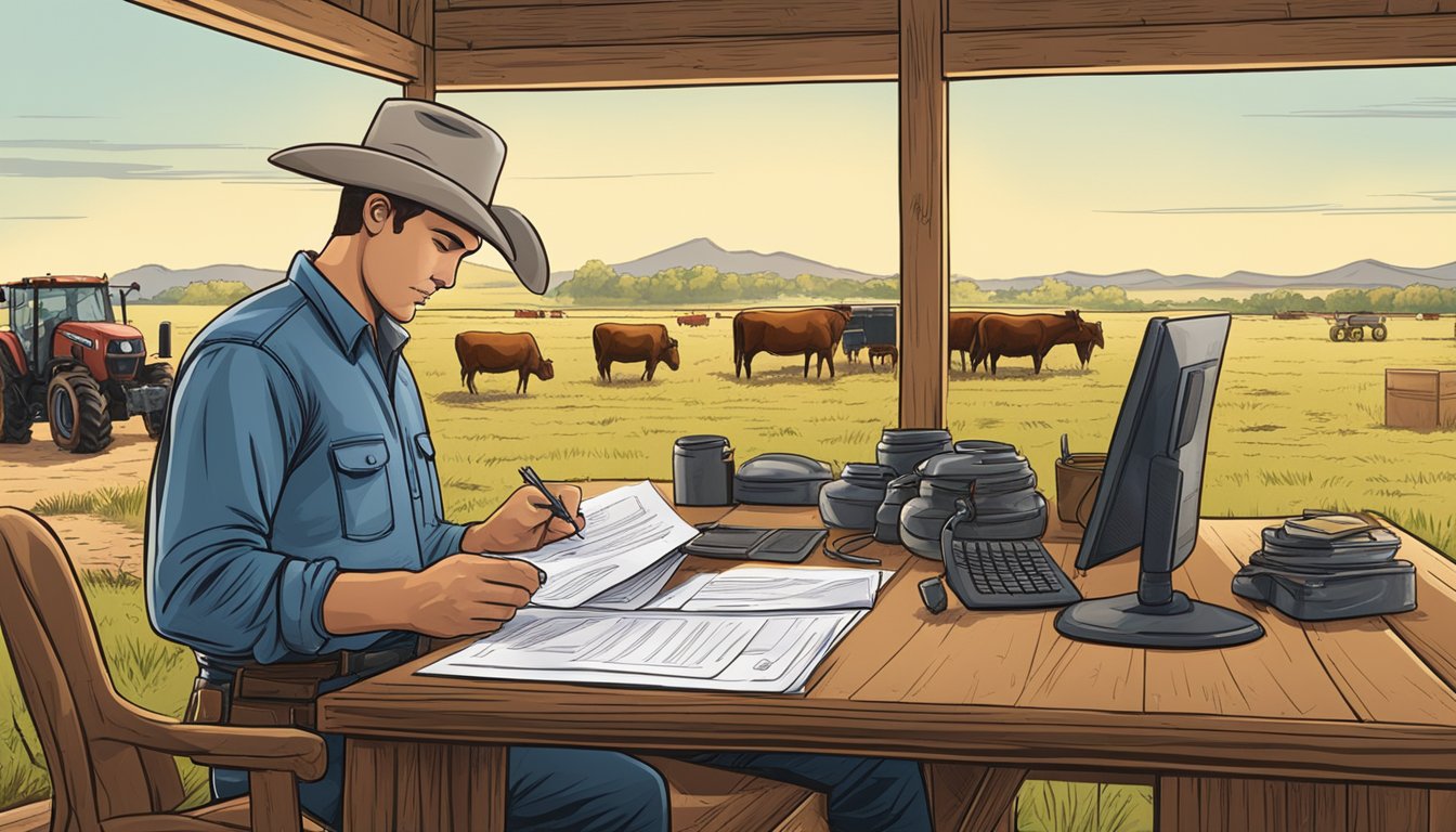 A rancher filling out paperwork at a desk, surrounded by agricultural equipment and livestock in a rural Texas setting