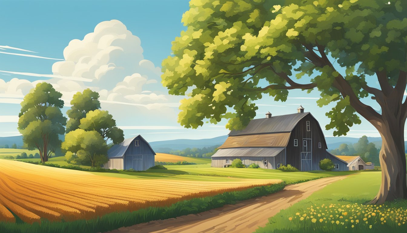 A rural landscape with a farmhouse, barn, and fields of crops under a clear blue sky