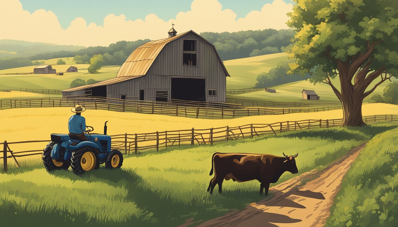 Rolling hills with grazing cattle, a rustic barn, and a farmer on a tractor tending to crops under the Texas sun