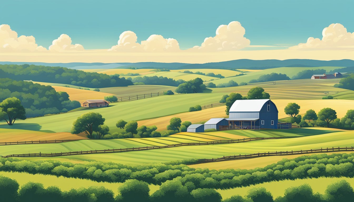 A rural landscape in Nacogdoches County, Texas, with a farmhouse, barn, and fields of crops or livestock, surrounded by rolling hills and a clear blue sky