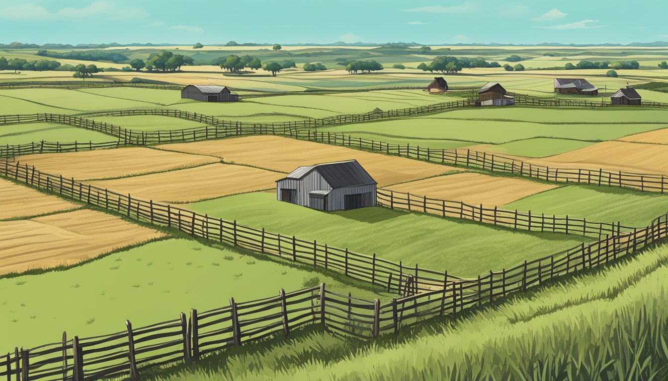 A sprawling farmland in McCulloch County, Texas, with vast fields of crops and grazing livestock, surrounded by a rustic fence and a clear blue sky overhead