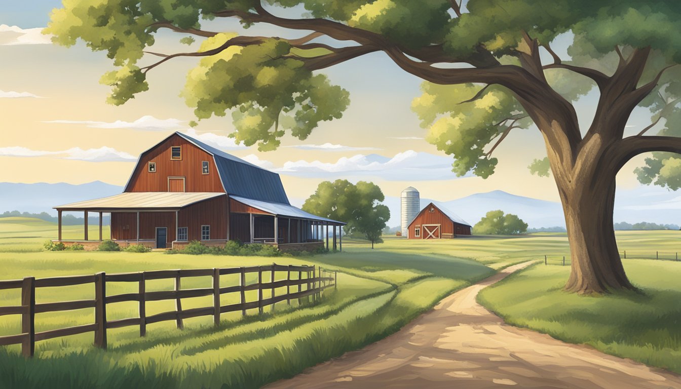 A rural landscape in McCulloch County, Texas, with a farmhouse, barn, and open fields, showcasing the agricultural exemption eligibility and requirements