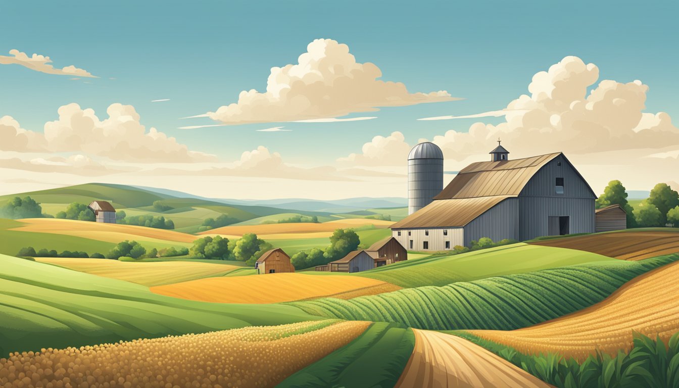 A rural landscape with a farmhouse, barn, and fields of crops, surrounded by rolling hills and a clear blue sky