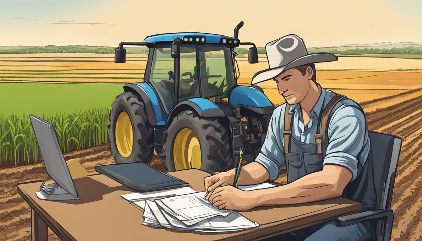 A farmer filling out paperwork at a desk while surrounded by agricultural equipment and fields in McCulloch County, Texas