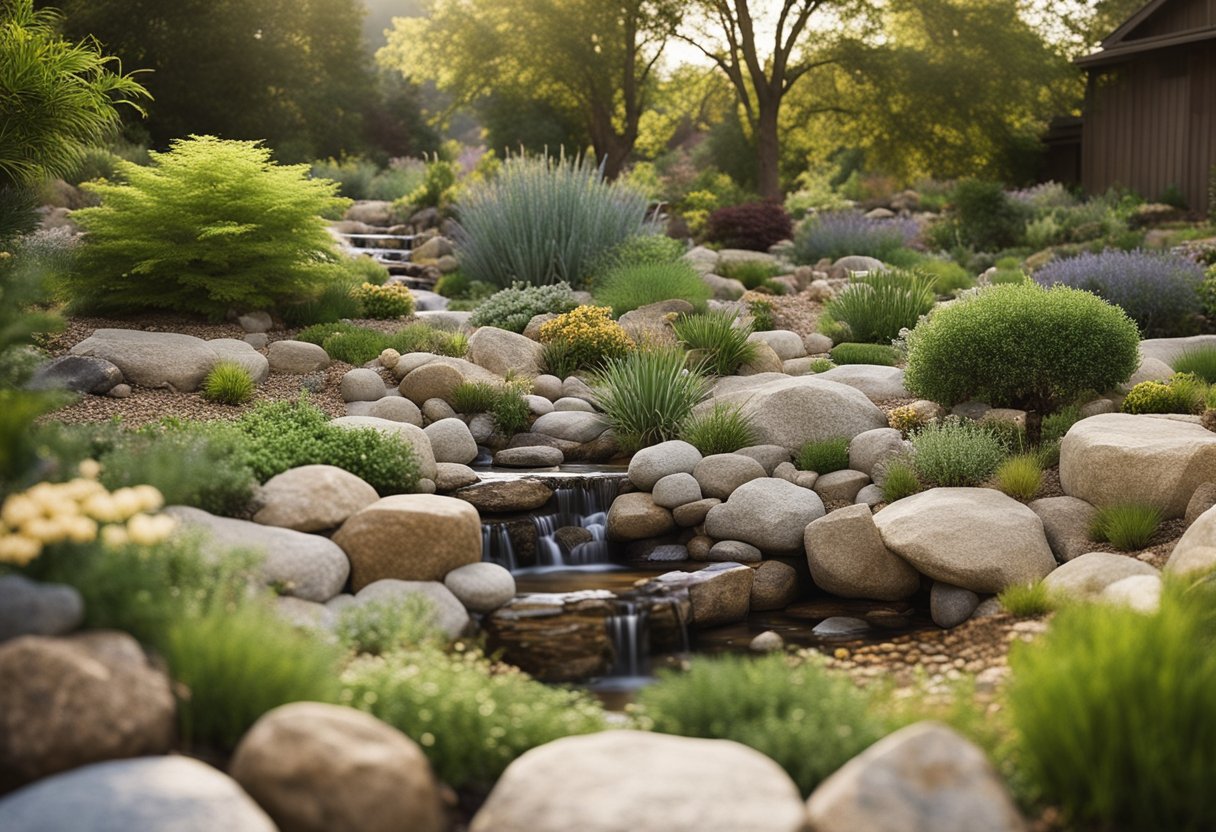 A garden with various rock landscaping features, including a dry creek bed, stacked stone walls, and boulder arrangements