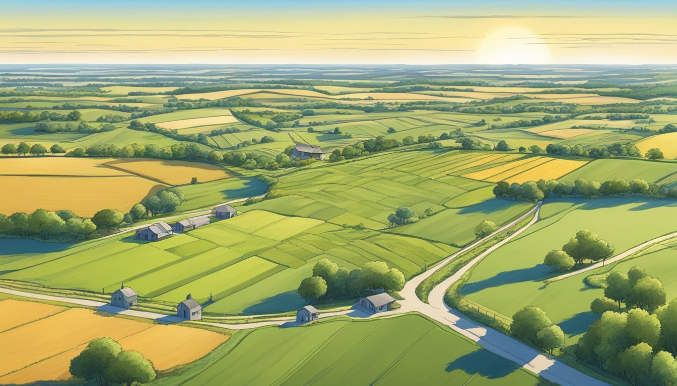 A sprawling rural landscape in Medina County, Texas, featuring vast agricultural fields and livestock grazing under a clear blue sky