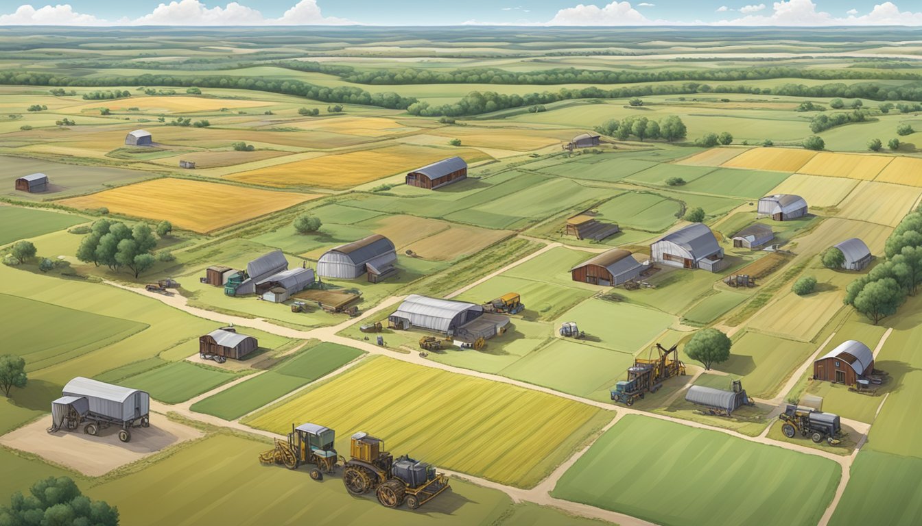 A sprawling rural landscape in Moore County, Texas, with vast fields, grazing livestock, and farm equipment, showcasing agricultural exemptions