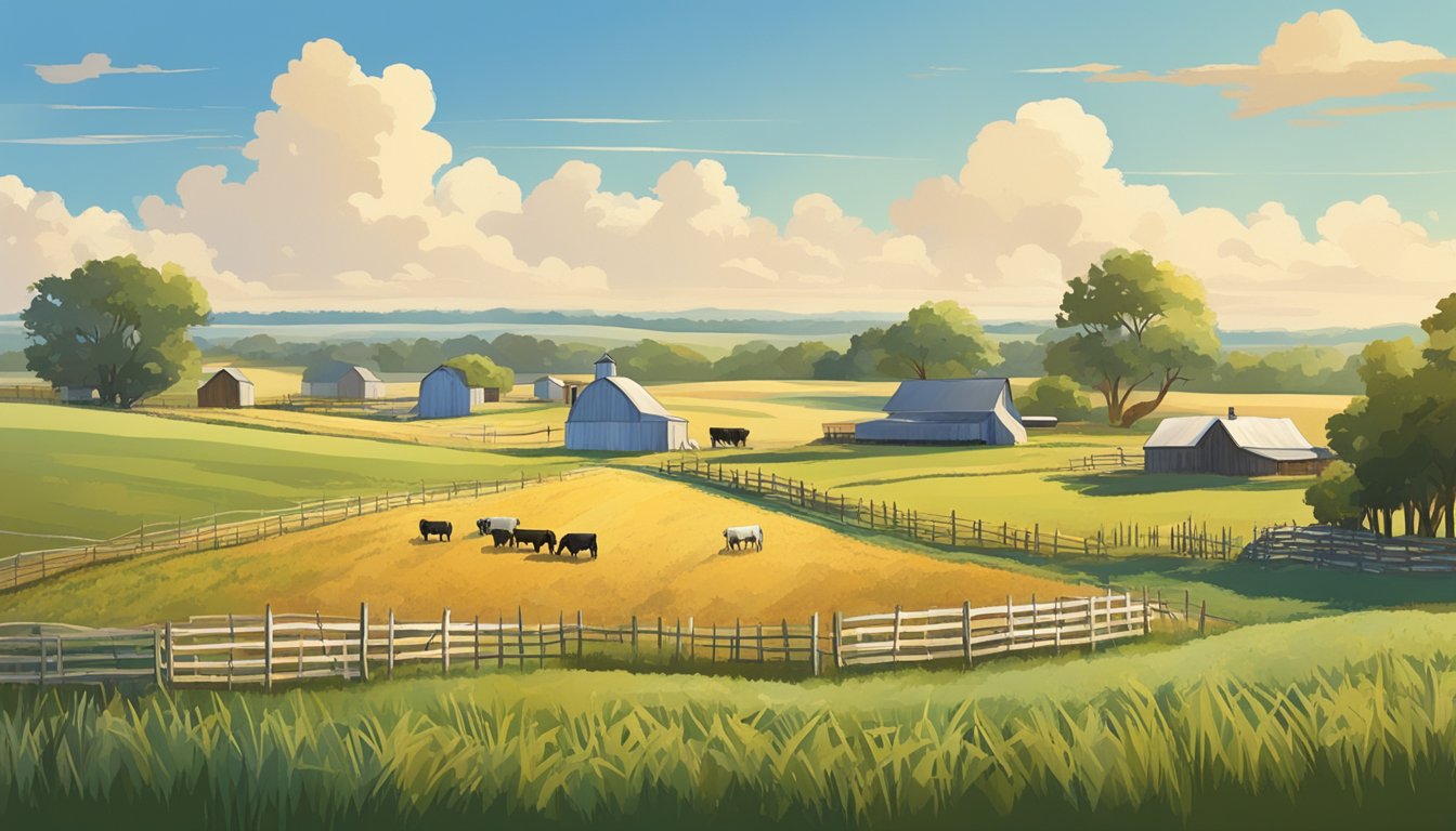 A sprawling farm in Medina County, Texas, with fields of crops and grazing livestock, surrounded by a rustic fence and under a bright blue sky