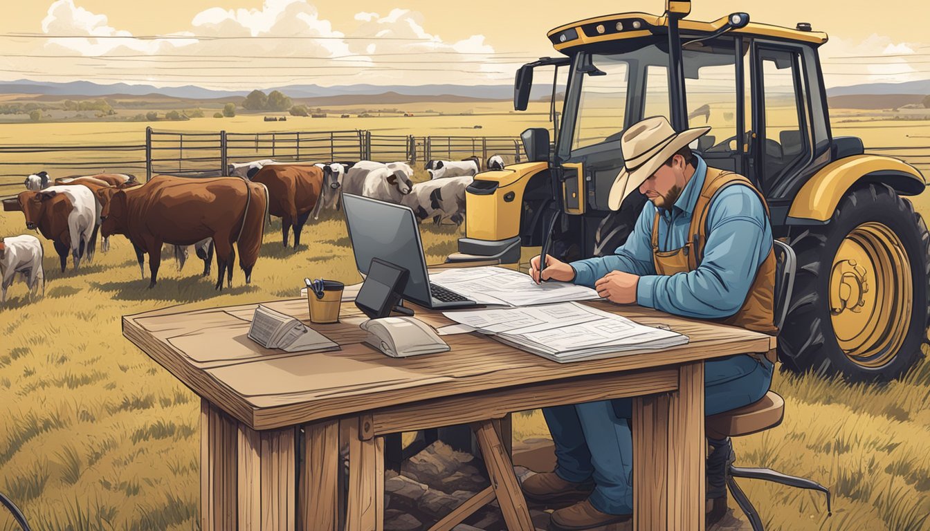 A rancher filling out forms at a desk, surrounded by agricultural equipment and livestock