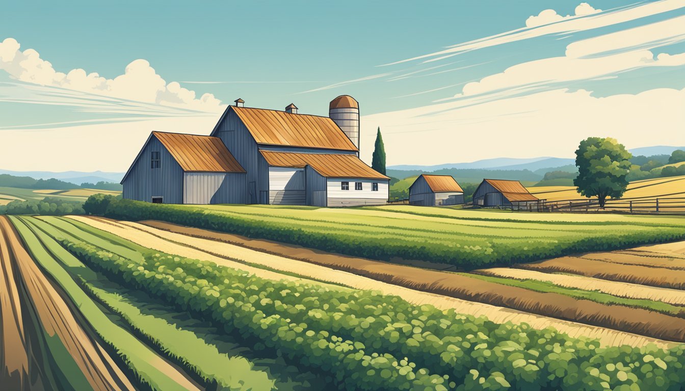 A rural landscape with a farmhouse, barn, and fields of crops under a clear blue sky