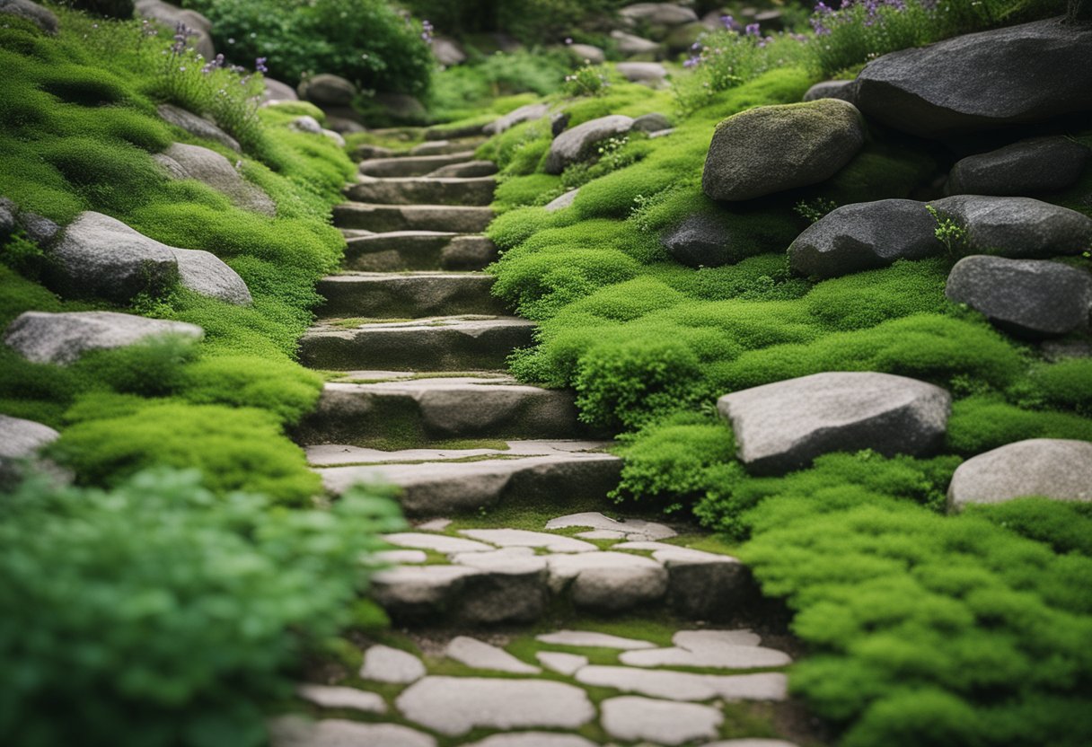 Stone steps lead up a hill, flanked by lush green creeping thyme and surrounded by rocks