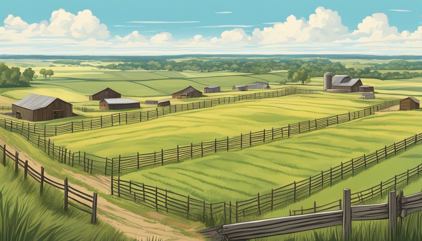 A sprawling farm in Medina County, Texas with vast fields of crops and grazing livestock, surrounded by a rustic fence and under a clear blue sky