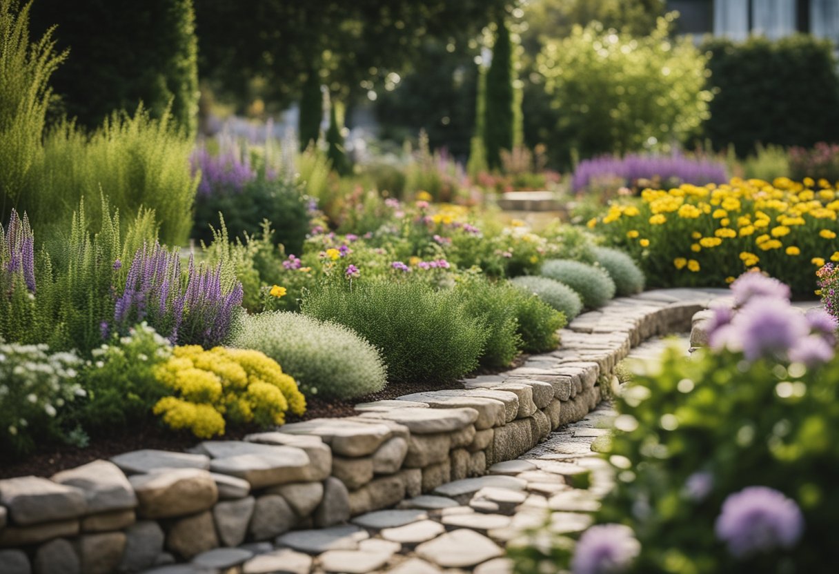 A garden with neatly arranged stone edging around flower beds, creating a natural and rustic landscaping feature