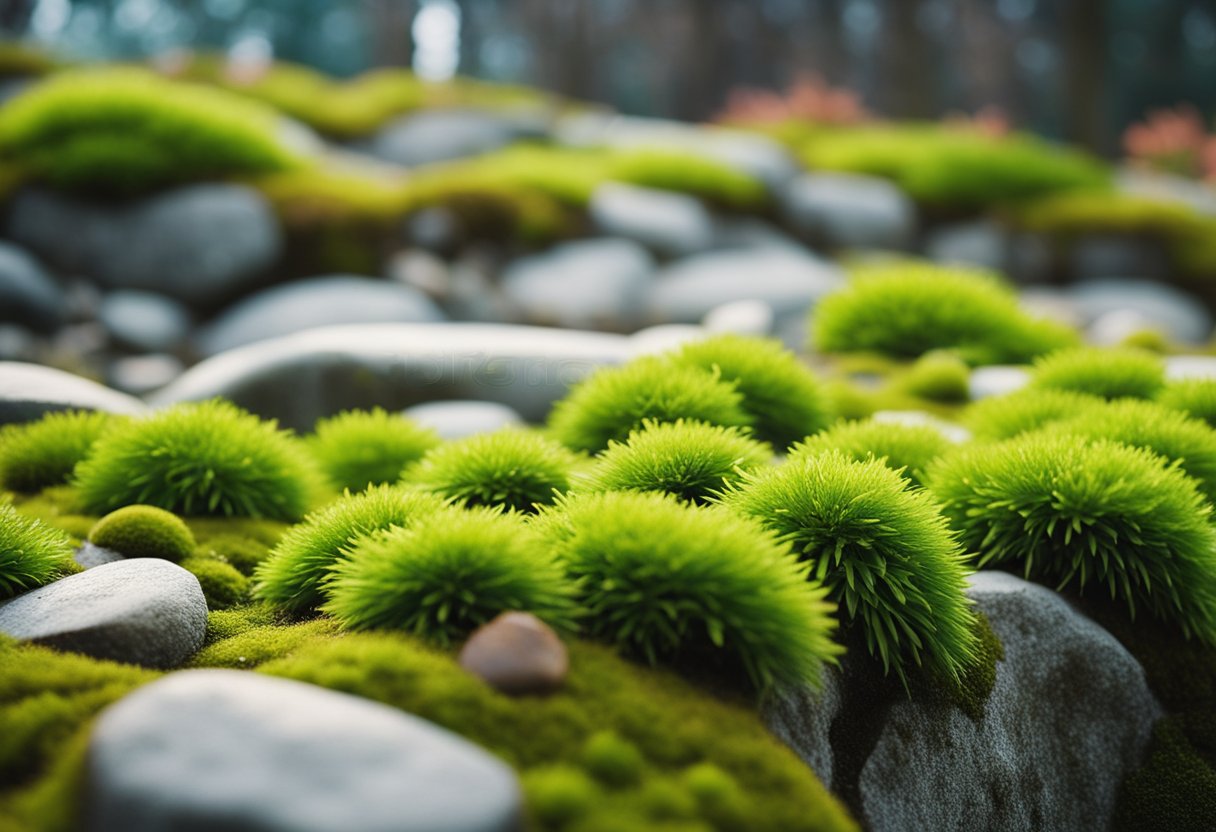 A moss-covered rock garden with sleek, modern landscaping features