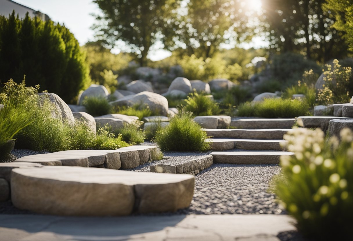 A limestone garden seating area surrounded by 16 rock landscaping ideas, including boulders and small stone pathways