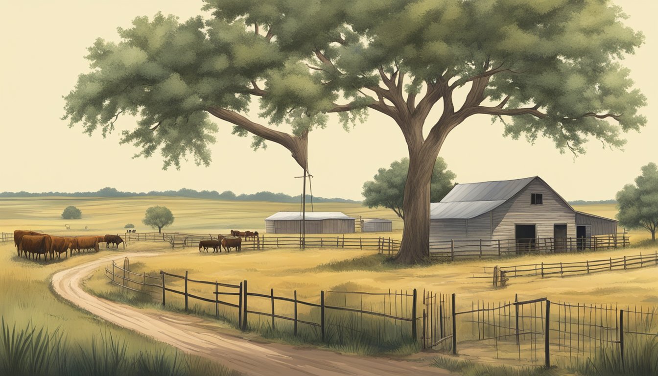 A rural landscape in Moore County, Texas with farmland and livestock, featuring signs indicating agricultural exemption and governance regulations