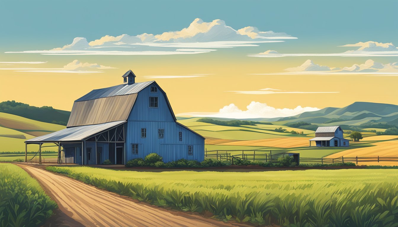 A rural landscape in Maverick County, Texas, with a farmhouse, barn, and fields of crops, surrounded by rolling hills and clear blue skies