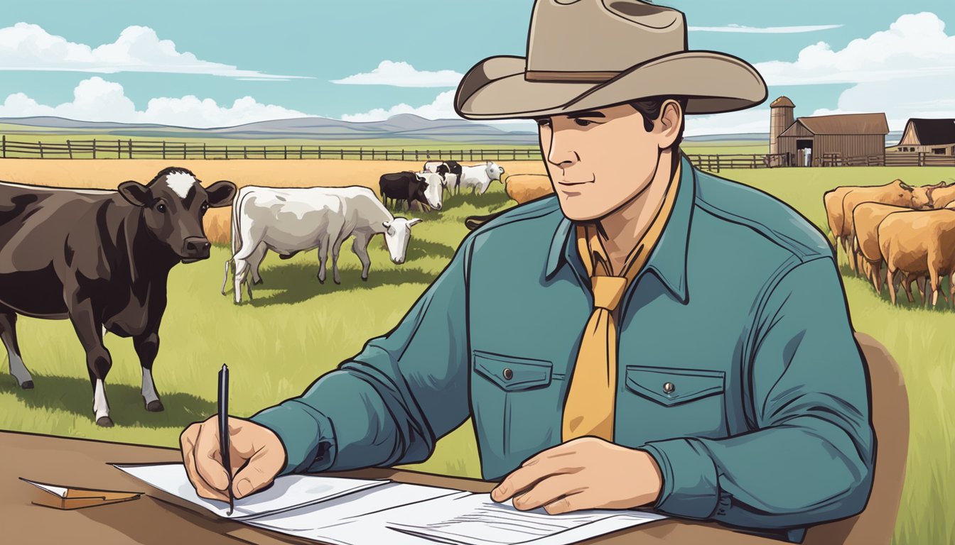 A rancher filling out paperwork at a desk, surrounded by fields and livestock, with a county official reviewing documents