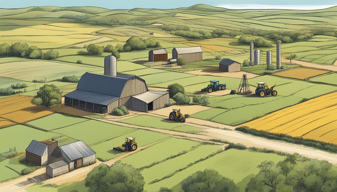 A rural landscape with a farm, livestock, and fields in Maverick County, Texas, depicting non-eligibility and compliance issues for agricultural exemption