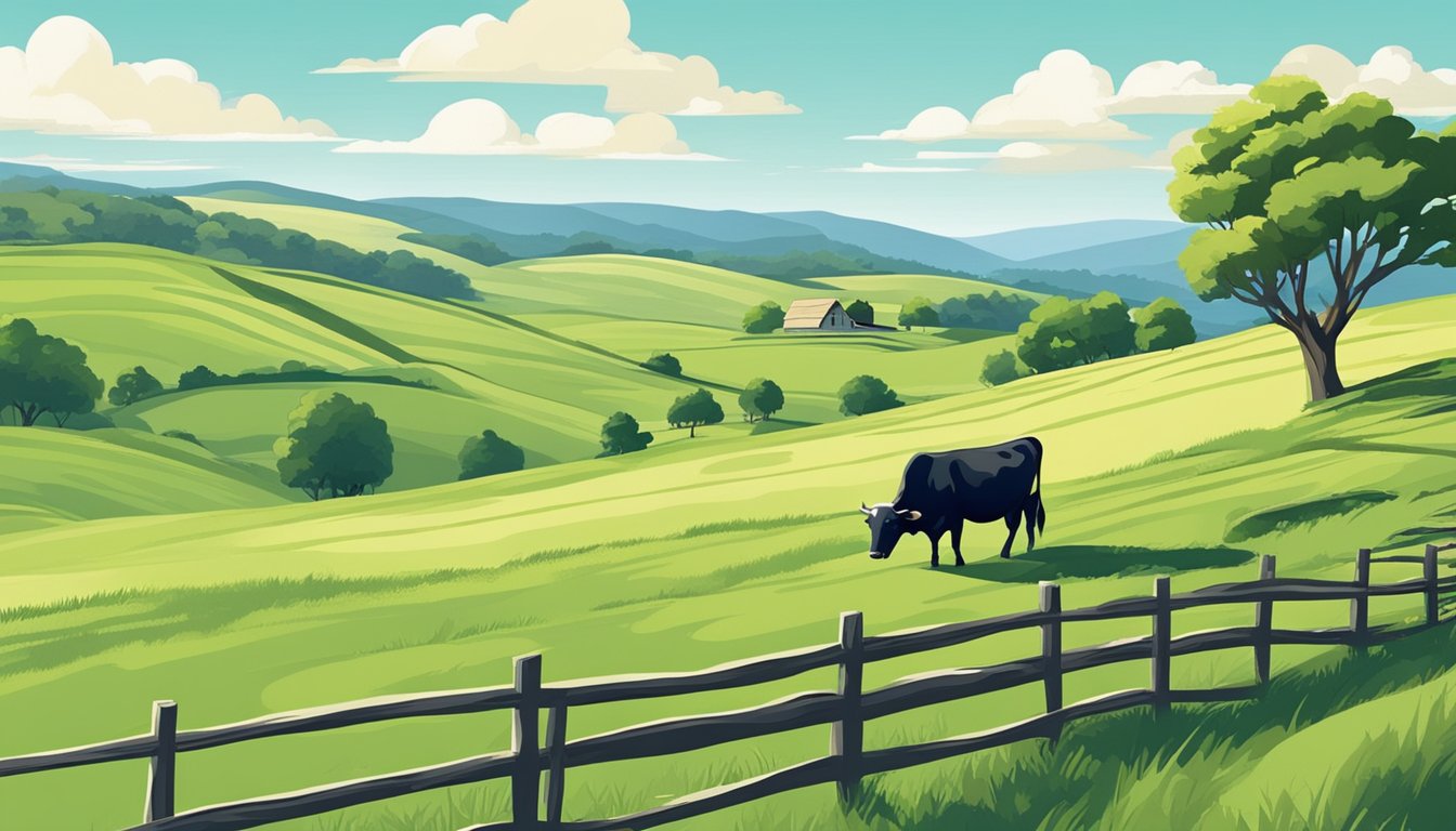 Rolling hills of green pastures with grazing cattle, bordered by a rustic wooden fence and a clear blue sky overhead