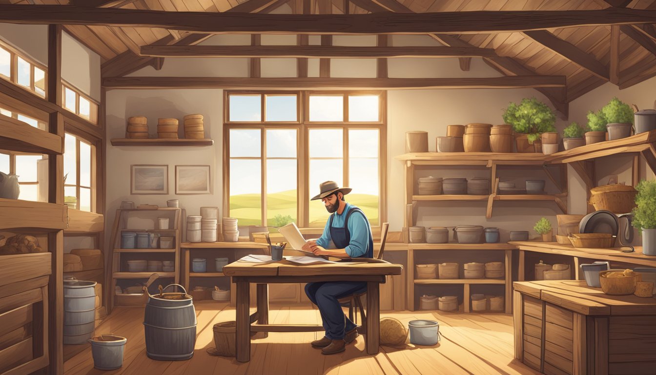 A farmer filling out forms in a rustic office, surrounded by fields and livestock