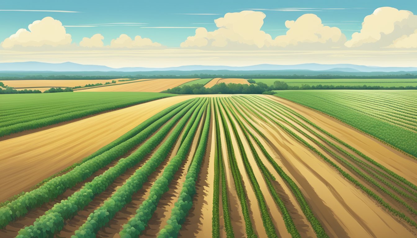 A vast, open field in Martin County, Texas, with rows of crops stretching towards the horizon under a clear blue sky