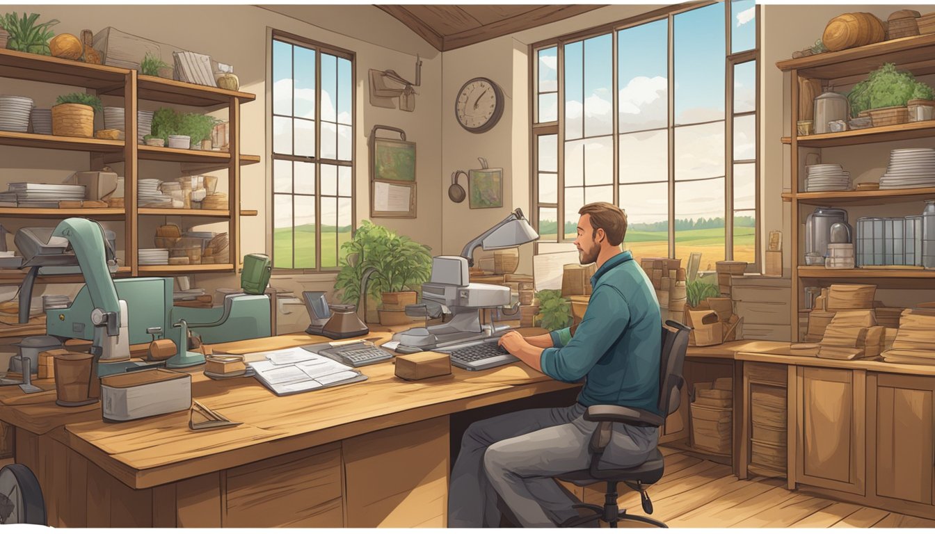 A farmer filling out paperwork at a desk in a rural office, surrounded by agricultural equipment and livestock